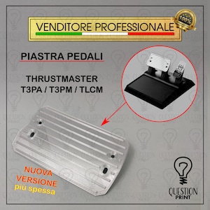 May include: A silver metal pedal plate for the Thrustmaster T3PA, T3PM, and T3LM racing pedals. The plate is designed to be more durable and thicker than the original plate. The image also shows the pedals themselves.