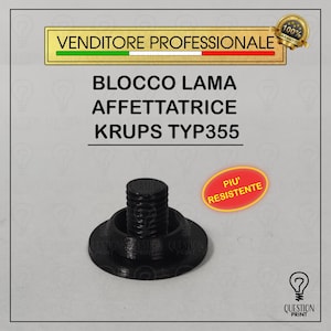 Può includere: Porta lama di ricambio in plastica nera per una affettatrice elettrica Krups. Il porta lama è etichettato "Blocco Lama Affettatrice Krups Typ355" e "Piu' Resistente".