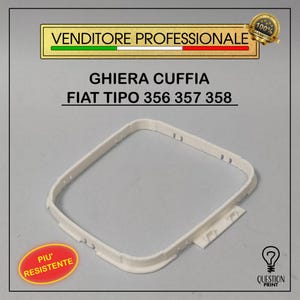 Op de afbeelding: Een wit kunststof auto-onderdeel, een vierkante ring met een lipje aan één kant. De tekst op de afbeelding luidt "Venditore Professionale", "Ghira Cuffia", "Fiat Tipo 356 357 358", "Piu' Resistente", "100% Garantito" en "Question Print".