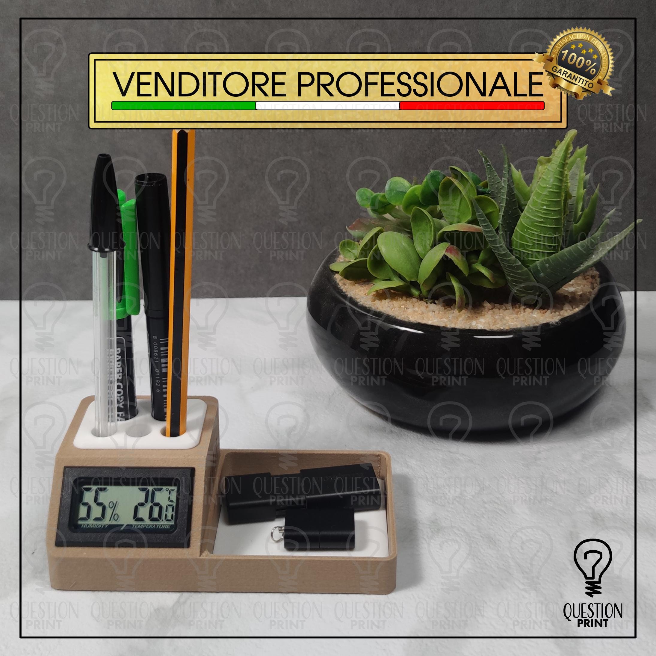 Office Pen Holder with Thermometer and Hygrometer Desk Thermometer