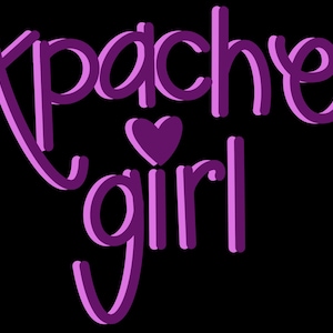 May include: A graphic design on a black background that reads "Apache Girl" in a purple, 3D-style font. A purple heart is between the words. The letters have a shadow effect, adding depth to the design.