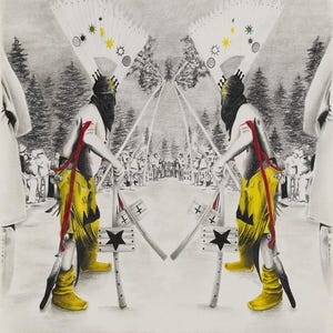 May include: A pencil drawing depicts two figures in ceremonial attire, mirrored. They wear black head coverings, yellow garments, and hold objects. White fans with decorative elements are above them. A crowd and trees are in the background.