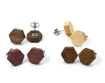 Hexagon Wooden Stud Earrings | Small