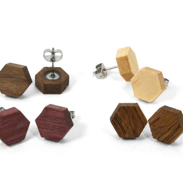 Hexagon Wooden Stud Earrings | Small