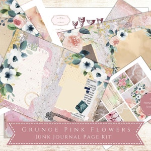 Junk Journal Kit, Collage Papers, Journal Pages, Scrapbook Digital Pages, Grunge Pink Flowers, Flower Junk Journal, Scrapbook Papers, Pink