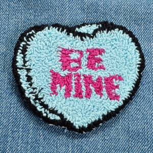 Be Mine Heart Valentine&#39;s Day Candy Pin Punch Needle Embroidery Floss Pinback  3.25&quot; x 2.75&quot; Blue Red