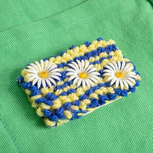 Daisy Blue Yellow Embellished Sticker Patch Punch Needle Yarn Permanent Adhesive Sticky Back 3&quot; x 2&quot;