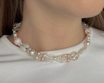 Beaded Cottagecore Pearl Necklace, Aesthetic Choker, Butterfly beads, Mismatched Necklace, Fairycore Indie Minimalist Y2k Pastel Boho 90s