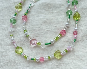 Two-tiered beaded necklace, Layered necklace, Y2k, Choker necklace, green and pink color, beaded choker, beaded necklace, hippie style