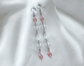 Cottage core Butterfly Dangle Drop Earrings, Pastel Pink White Glass Crystal Earrings, Beaded Earrings, Y2k Indie Boho Fairycore Aesthetic