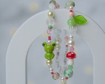 Cute Frog Beaded Necklace, Fairycore Cottagecore Y2k Aesthetic, Mushroom Leaves Butterfly Pearl Beads, Green Red Kidcore Fun Funky Necklace