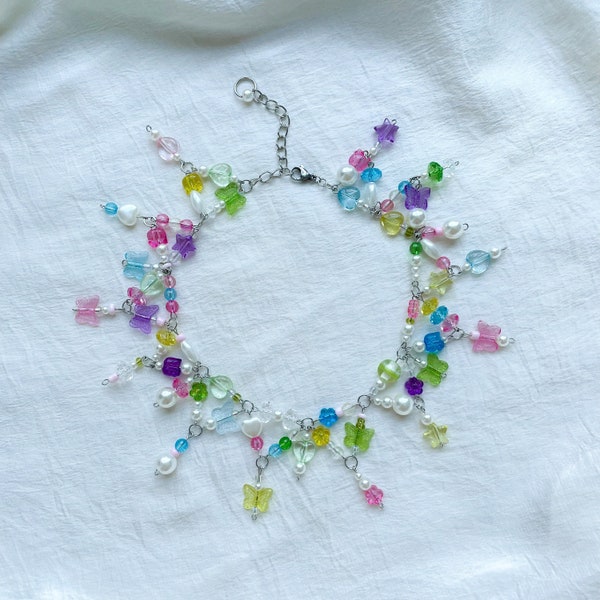 Y2k Beaded Necklace, Colorful Rainbow Choker, Indie 90s 2000s kidcore aesthetic, Hearts Stars Flowers Pearls Butterflies, Funky Fun Trendy