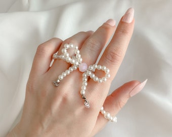 Beaded Bow Ring Set, Aesthetic Stackable Rings, Princess Jewelry, Cottagecore Princesscore, Balletcore Aesthetic, Pastel Pink Pearl Rings