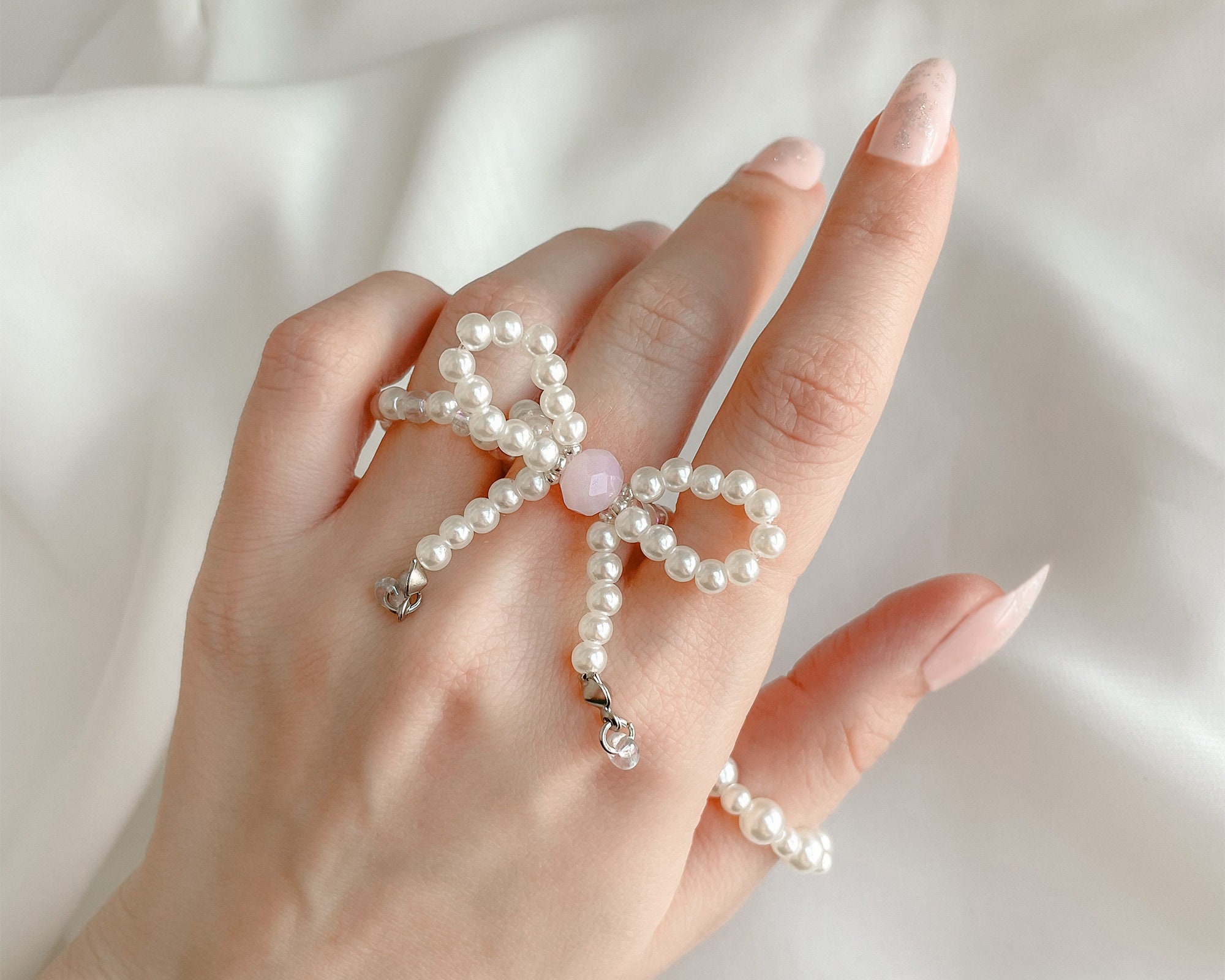 Beaded Bow Ring Set, Aesthetic Stackable Rings, Princess Jewelry, Cottagecore Princesscore, Balletcore Aesthetic, Pastel Pink Pearl Rings
