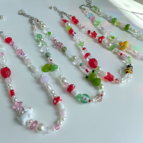 Cute Beaded Necklace, Cottagecore Funky Y2k Necklace, Bunny Frog Bee Necklace Mushroom Flowers Strawberry Necklace, Indie Hippie Aesthetic