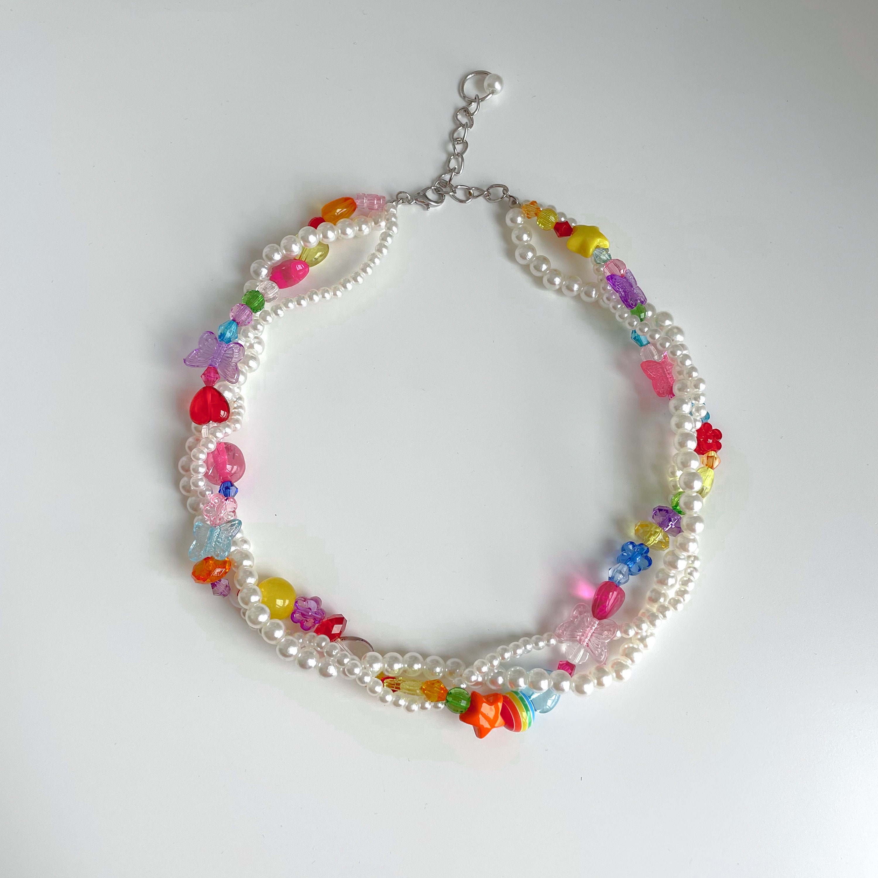 Colorful Y2k Beaded Necklace, Pearl Layered Necklace