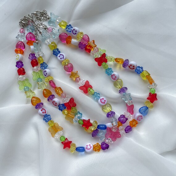 Y2k Beaded Necklace, Colorful Rainbow Choker, 90s 2000s Hippie Indie Boho Aesthetic, Fun Funky Kidcore, Smiley Flowers Butterflies Hearts