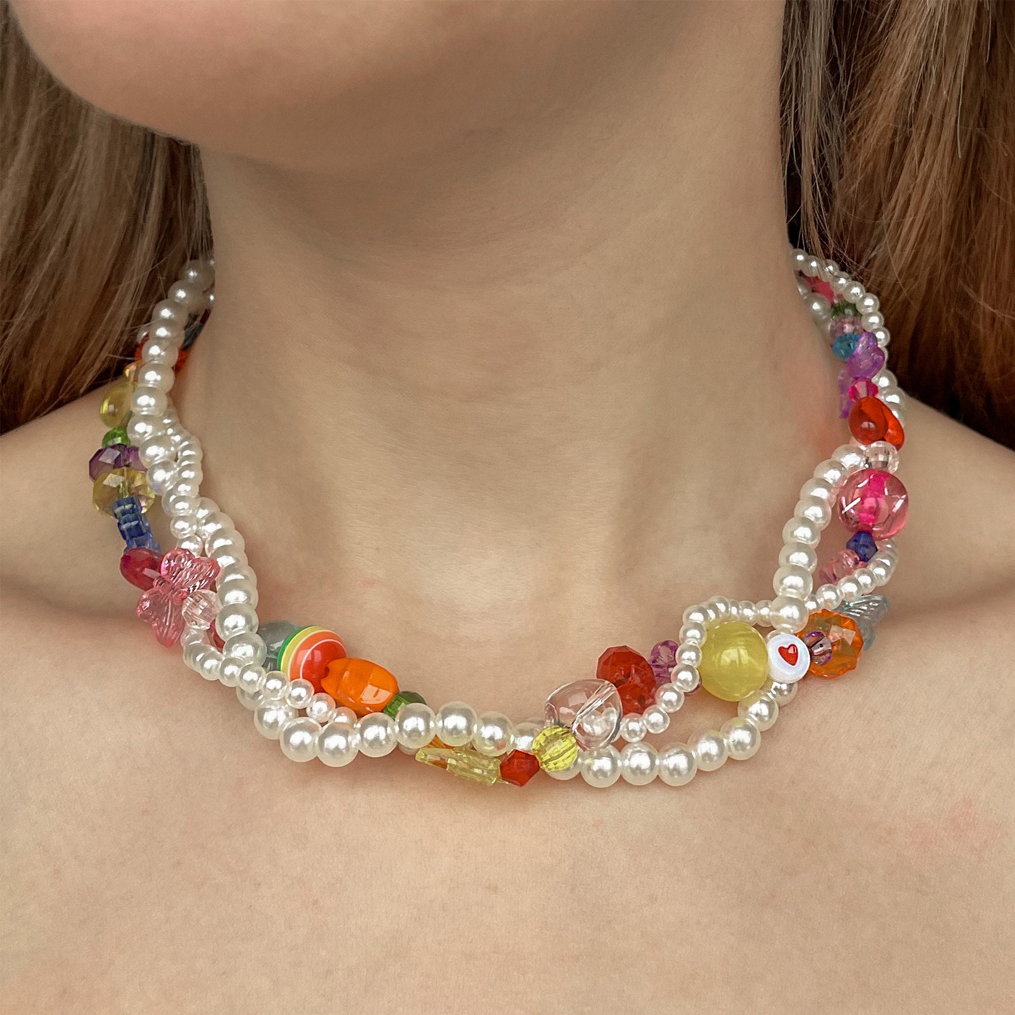 ☆【VINTAGE HOLLYWOOD】☆Rainbow Beads n Pearl Necklac.e☆ Colorful Y2k Beaded Necklace, Pearl Layered Necklace