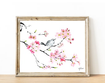 Mejiro ljus körsbärsblommande träd väggkonst - japansk akvarelltryck - Sumi E-målning - 8x10 tryck, 11x14 tryck