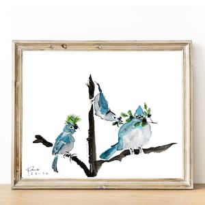 Blue bird painting, blue bird print, Tufted Titmouse painting, Nuthatch painting - Birds Watercolor Painting - 8x10 Print, 11x14 Print