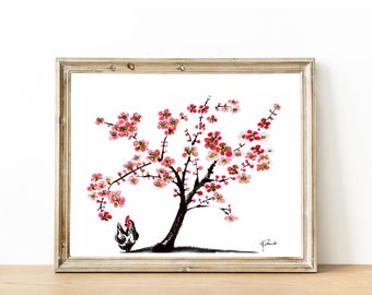 以下が含まれることがあります： ピンクの花が咲いた桜の木と、その下にいる白黒の鶏を描いた水彩画です。