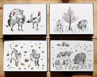 Note Card Set Fall farm Animals - Japanese Brush & Watercolor Paintings - 5x7 inch card