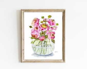 Flores de ranúnculo rosa, estampa de buquê, estampa floral, cartões em aquarela, lindas flores em aquarela, estampa de flores de primavera - estampa 11x14