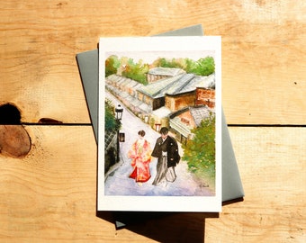 Kyoto, Japan Watercolor Card, Japanese Couple in Watercolor,  Traditional Japanese  Watercolor Card, Japanese Kimono, Japanese Greeting Card