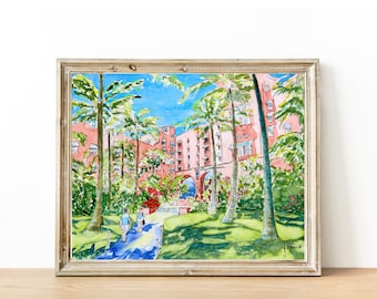 ロイヤル ハワイアン ホテル | 20 x 27 水彩画のプリント | ホノルル