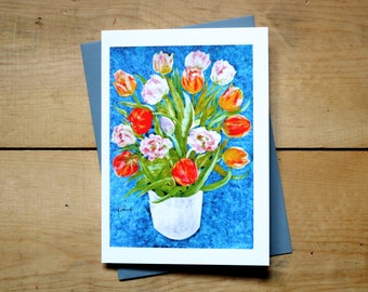 Tulpenstrauß Karte, Blumenkarten, Aquarellkarten, Schöne Blumen Aquarell, Frühlingsblumen Grußkarten