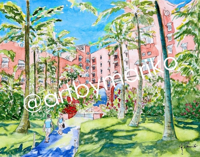 Kunglig hawaiiansk målning, Kunglig hawaiiansk tryck, Waikiki Beach-målning, Waikiki-tryck, Honolulu Hawaii-målning - 8x10 tryck, 11x14 tryck bild 2
