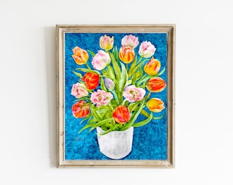 Tulpenstrauß Druck, Blumendruck, Aquarell Drucke, Schöne Blumen Aquarell, Frühlingsblumen Druck - 11x14 Druck