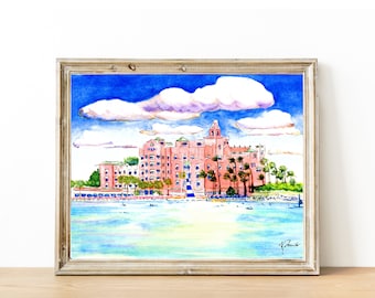 ロイヤル ハワイアン ホテル | 20 x 27 水彩画のプリント | ホノルル