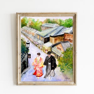 Kyoto, Japan Watercolor, Japanese Couple in Watercolor, Traditional Japanese Painting, Japanese Kimono Art - 8x10 Print, 11x14 Print