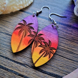 Tropical Sunset Earrings - Hand Painted Watercolor Earring Set- Women&#39;s Jewelry - Beach - Palm Tree - Palms - Beachy - Island - Gift For Her