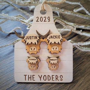 Cow Family Personalized Christmas Ornament - Custom Family Name Ornaments - 2023 Holiday Gift - Highland Cows - Farmhouse - Farm - Homestead