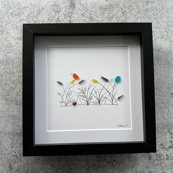 Butterfly Garden, Pebble Art, Pebble Artwork, Home Decor, Wall Art, Spring Decor, Flower Garden, Flower Gift, Garden Gift, Butterfly Gift