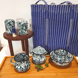 Vintage CGS Enamelware Splatter Lot – Green & White, Black Trim