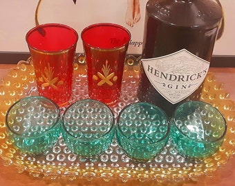 Vintage MCM " Transformative Teal " Roly Poly Tumblers , Cocktail Low Ball Glasses