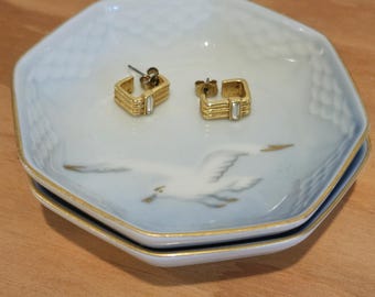 Vintage (2) Bing & Grondahl Seagull Hexagon Shape Butter Pats / Trinket Dish,  Blue White Gold, Danish Porcelain, Scandinavian China, #331