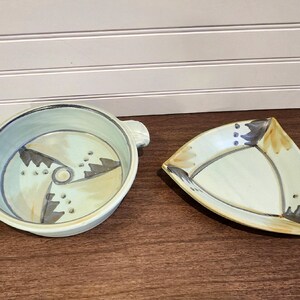 Vintage Lakeside Pottery Triangular Platter, Handmade Frosted Green Plate, 1990s