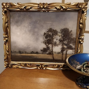 Vintage 1972 Ornate Gold Frame, Heavy Resin, IIC Made in USA, Year Marked.  Moody Landscape Included. Gallery Wall Ready! 8x10 Art / Photo.