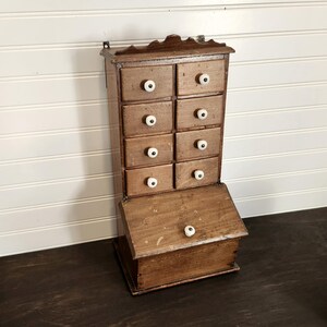 Antique Primitive Vtg Wood Spice 8 Drawer & Flour Bin Cabinet, Apothecary Chest, Porcelain Original Knobs, Rustic Kitchen Hanging Wall Decor