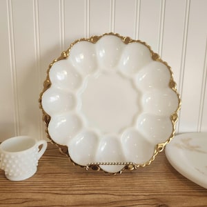 Vintage PRISTINE Egg Plate Egg Dish - Anchor Hocking White Milk Glass 22kt Gold Rim Deviled Egg Tray Egg Serving, & Oyster Platter, Holds 12