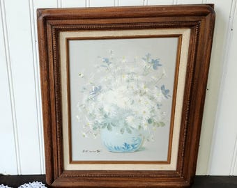 Vintage Still Life Floral Painting, Blue Vase of Wild Flower White Daisies, Ornate Unique Dark Wood Walnut Frame, Linen Matt, Artist Signed