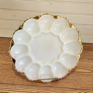 Vintage Egg Plate Egg Dish - Timeless Anchor Hocking White Milk Glass 22kt Gold Rim Deviled Egg Tray Egg Serving, & Oyster Platter, Holds 12