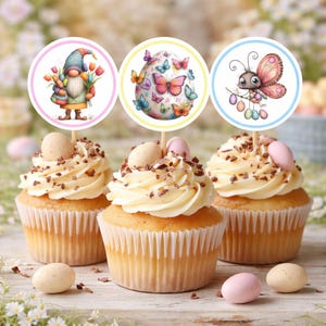 Könnte beinhalten: Drei Cupcakes mit weißem Zuckerguss und Schokoladenraspeln, verziert mit Oster-Themen-Toppern. Die Topper zeigen einen Zwerg, ein Ei mit Schmetterlingen und einen Schmetterling. Dekorative Ostereier sind um die Cupcakes verstreut.