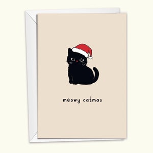 Carte de Noël avec jeu de mots pour les amoureux des chats Carte de Noël avec femme et chat miaou Catmas Carte de voeux de Noël drôle 100 % recyclé