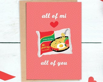 All Of Mi Loves All Of You, Mi Goreng | Cute & Sweet Food Pun Anniversary or Valentines Card | For Him | Recycled Handmade Greeting Card