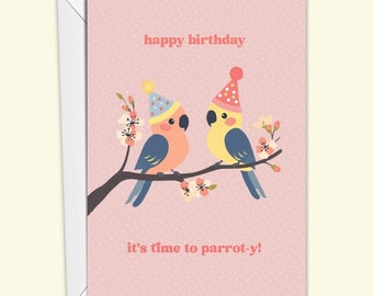 Carte de joyeux anniversaire drôle d'oiseau | Jeu de mots carte d'anniversaire perroquets C'est l'heure de la fête Carte d'anniversaire pour enfant Carte d'anniversaire pour tout-petit | Carte 100 % recyclée
